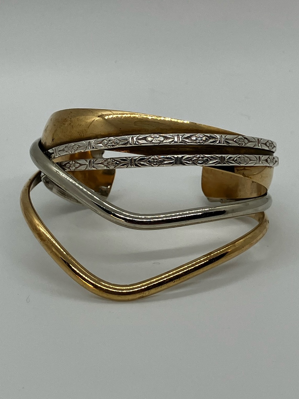 Vtg Renee Lepre Sterling Brass Mixed Metal Modernist Cuff Bracelet | Adjustable